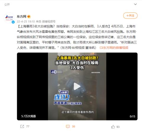 上海暴雨3名大白被刮跑？當(dāng)?shù)乇０玻捍蟀桩?dāng)時(shí)在躲雨，3人受傷